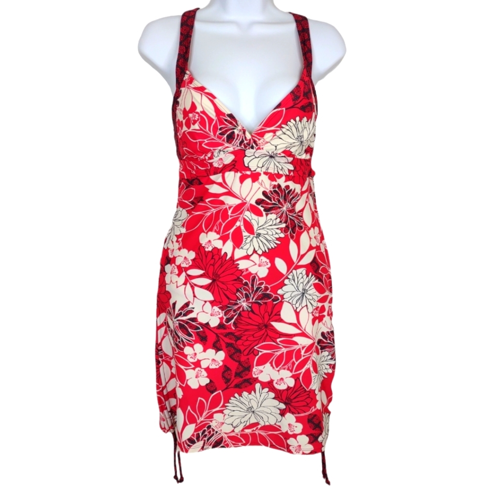 Athleta Swim Dress Tropical Red White Black Runched 36B One Piece